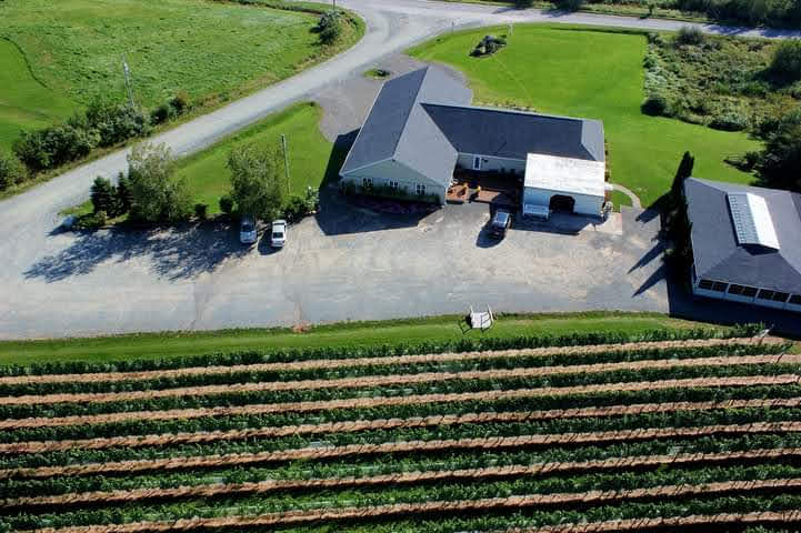 Aerial view of Sainte-Famille vineyards and facilities.