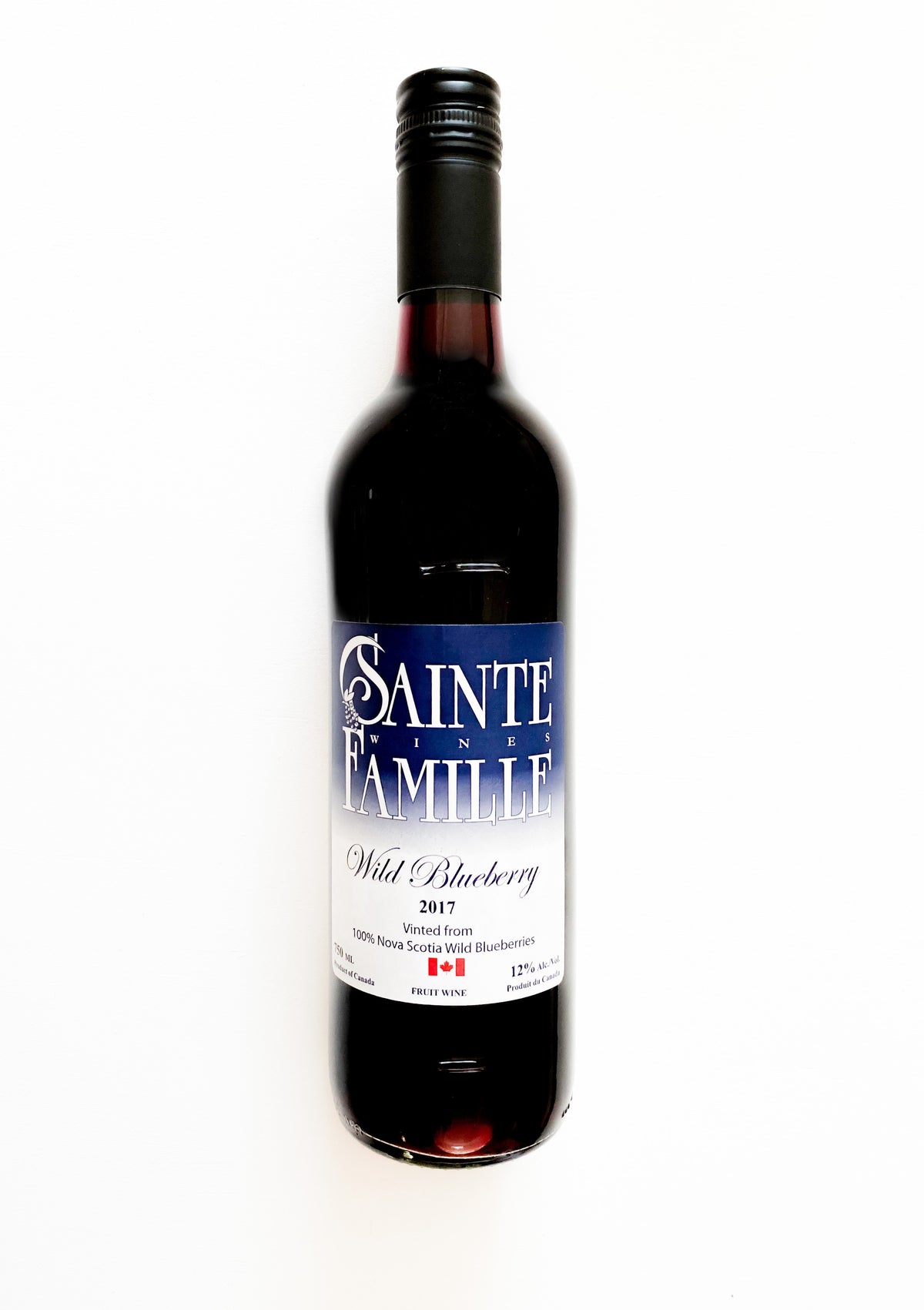 Bottle of Sainte-Famille Wild Blueberry wine.